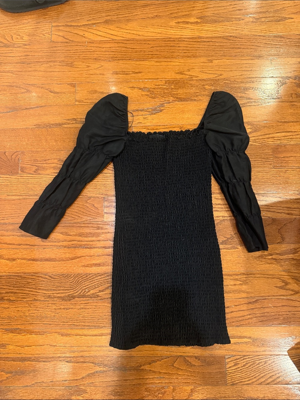 Reformation Black Smocked Puff-Sleeve Mini Dress